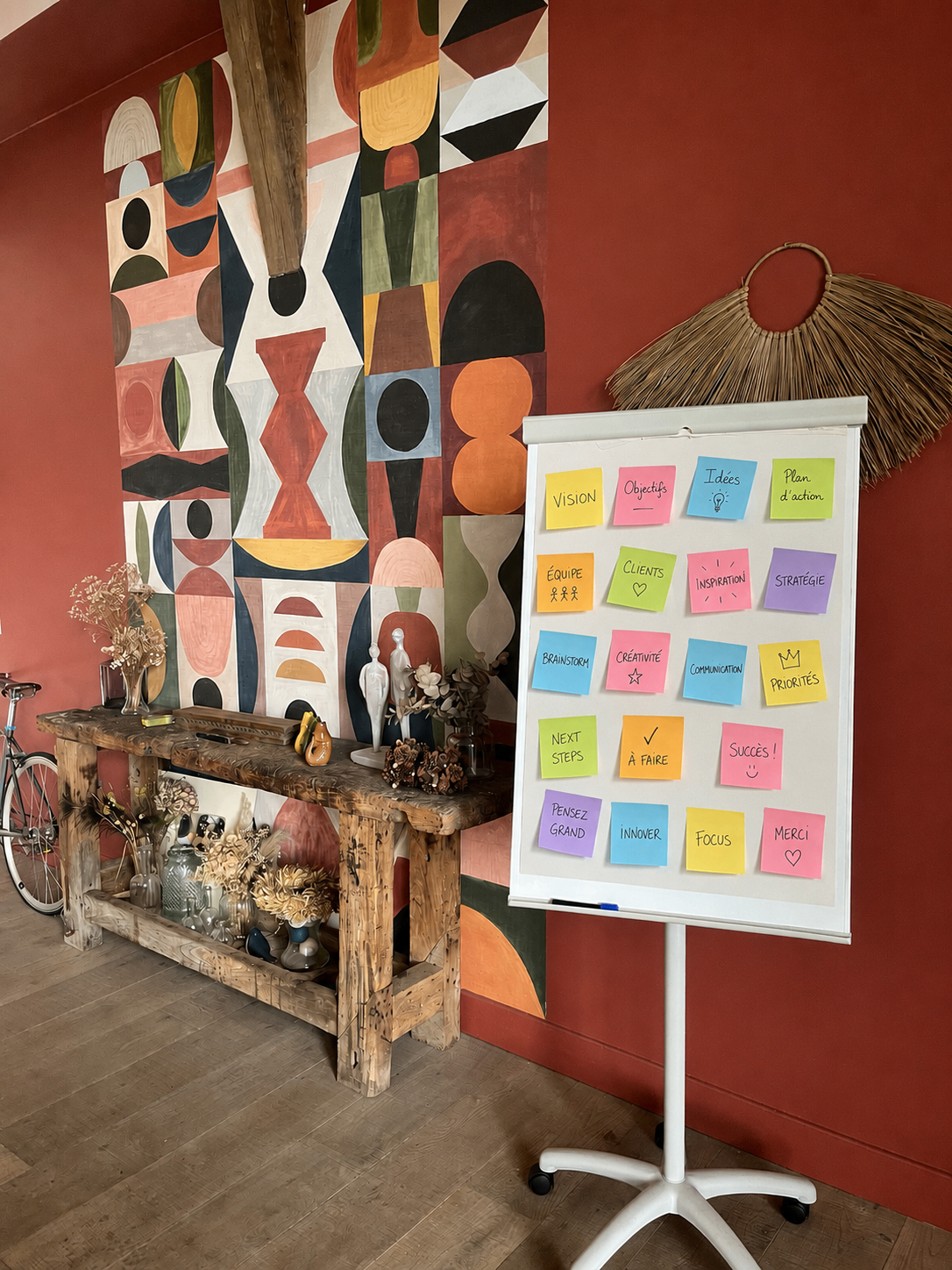 Espace brainstorming avec paperboard et fresque
